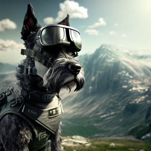 a dog wearing a helmet and goggles on top of a mountain