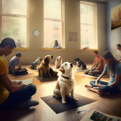 a group of people sitting in a room with dogs