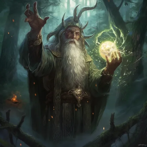 a wizard holding a crystal ball in a forest