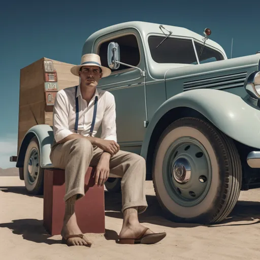 a man sitting on top of a suitcase next to a truck