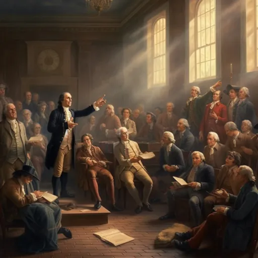 a painting of a man giving a lecture to a group of people