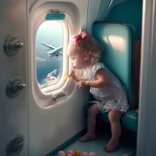 a little girl sitting on an airplane looking out the window