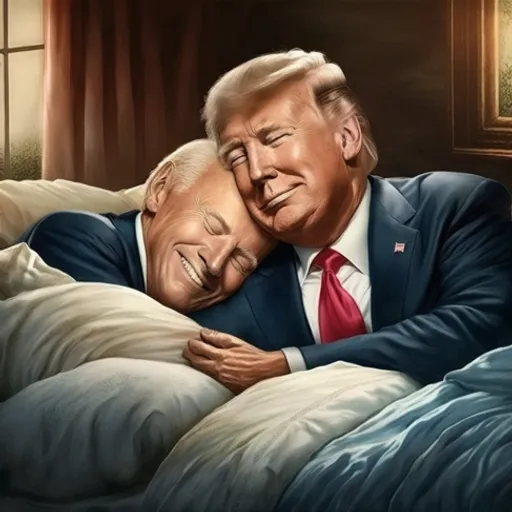 a painting of president trump hugging a man in bed