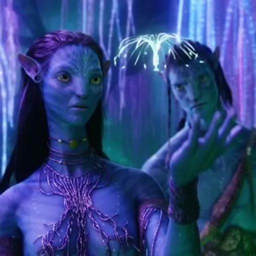 a couple of people standing next to each other. Avatar, HD, Realistic. Scene from movie Avatar, hd, realistic