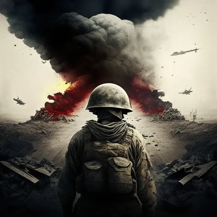 a soldier standing in front of a large cloud of smoke