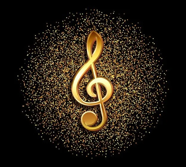 a golden treble on a black background. Add money and gold coins to create the perfect sound system. Add money and gold coins