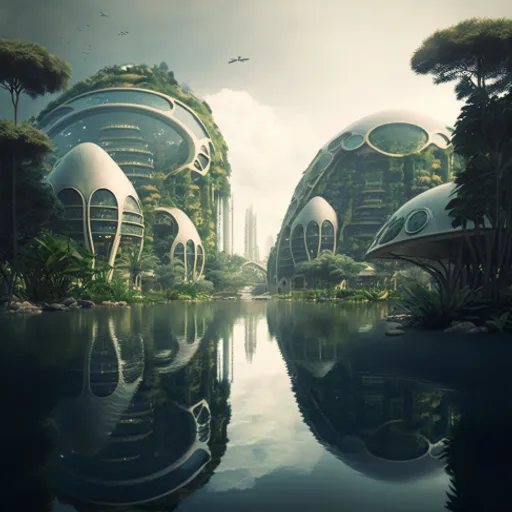 a futuristic city surrounded by trees and water