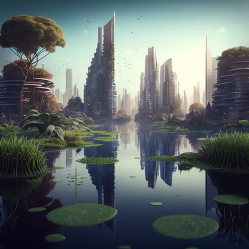 a digital painting of a futuristic city by the water