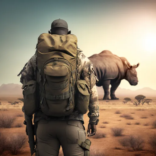 a man with a backpack is looking at a rhino