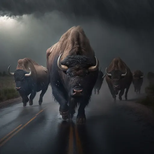 a herd of bison walking down a road in the rain