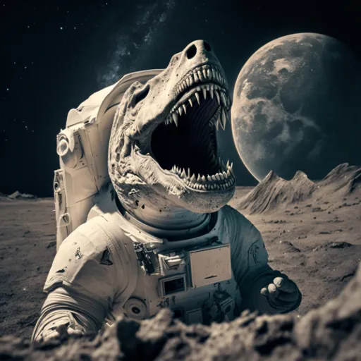 a dinosaur on the moon with its mouth open