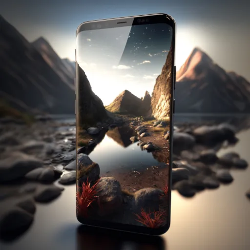 a cell phone with a picture of a mountain lake