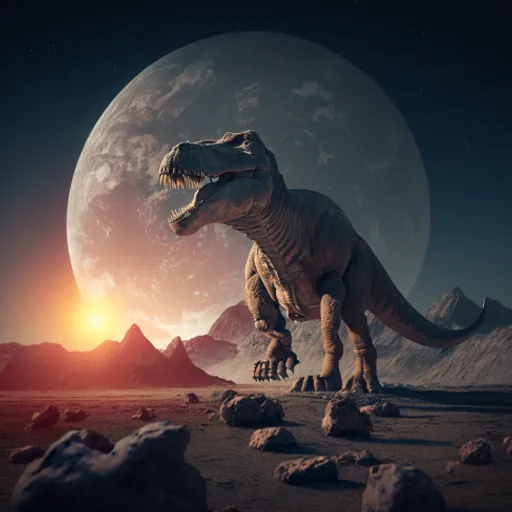 a dinosaur is standing in the desert with a full moon in the background