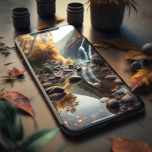 a phone with a picture of a river on it