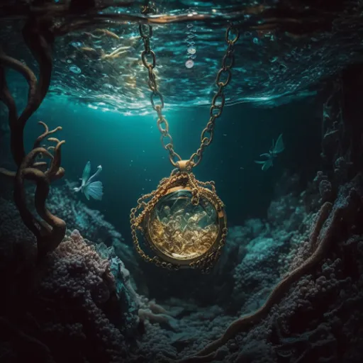 an underwater photo of a gold necklace with a fish in it