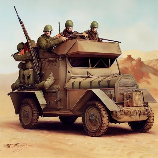 a group of men riding on the back of a military vehicle