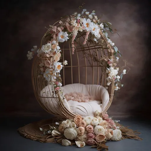 a birdcage with flowers on the floor and a blanket on the ground