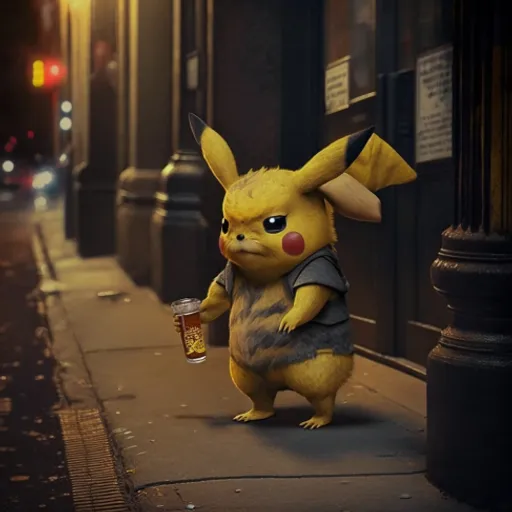 a pikachu holding a cup of coffee on a sidewalk