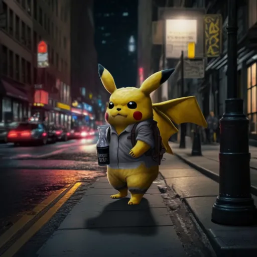 a pikachu is walking down a city street