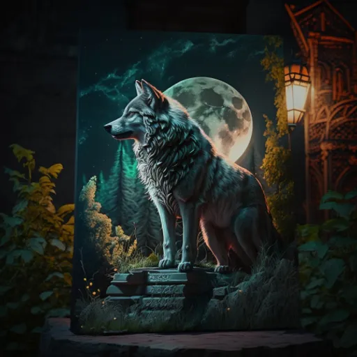 a painting of a wolf standing on a rock in front of a full moon