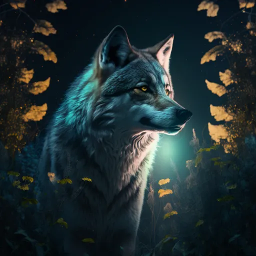 a wolf standing in the middle of a forest at night