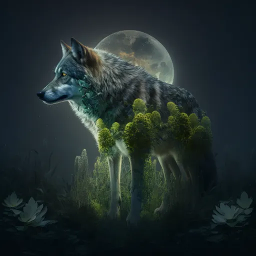 a wolf standing in the middle of a forest under a full moon