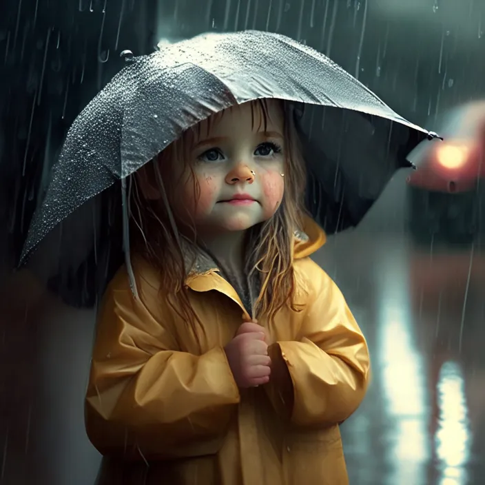 A little girl standing in the rain holding an umbrella. make it a colorful, happy photo of a little girl with an umbrella in hand, in a colorful, happy setting.