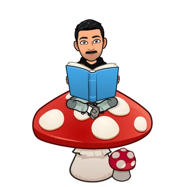 a man sitting on a mushroom reading a book