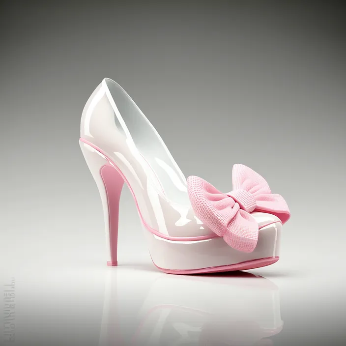 a pair of white high heels with a pink bow