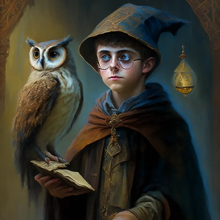 a painting of a boy with an owl on his arm