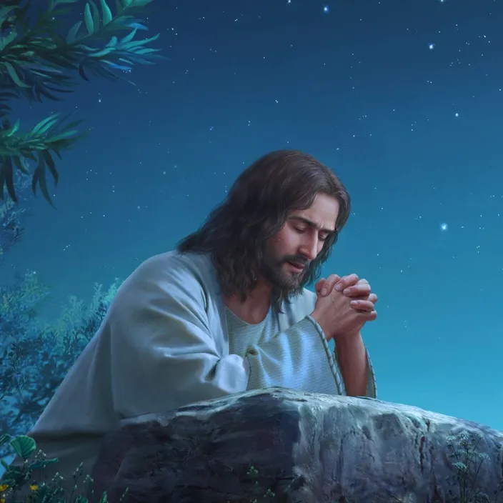 a painting of jesus sitting on a rock