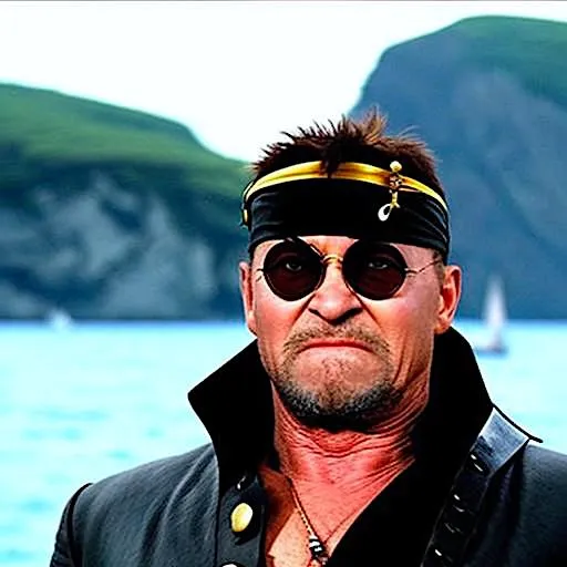 a man wearing a bandana and sunglasses standing in front of a body of water