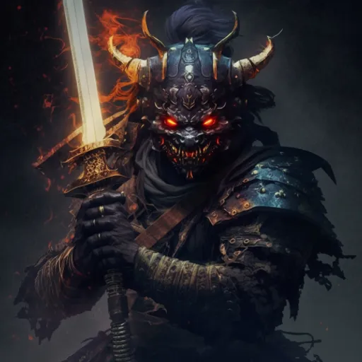 a demonic demon holding a sword and wearing a horned mask