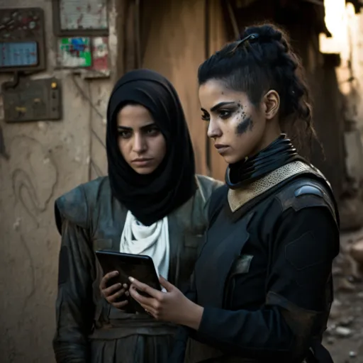 two women standing next to each other looking at a tablet