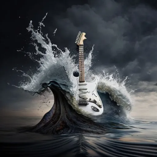 an electric guitar floating on top of a wave