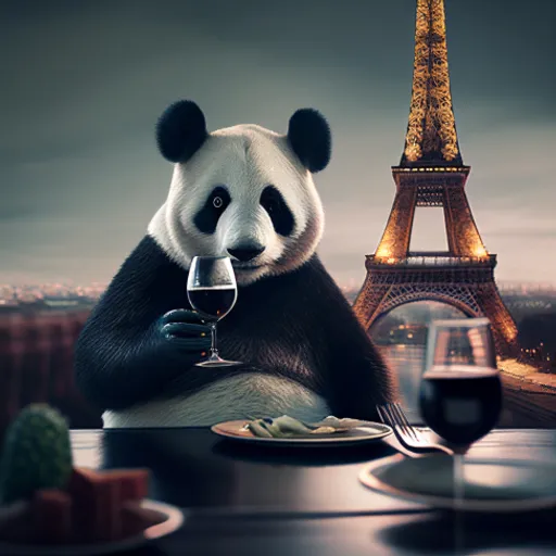 a panda bear sitting at a table with a glass of wine in front of the