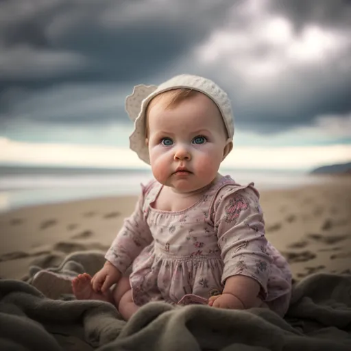 a baby sitting on a blanket on a beach