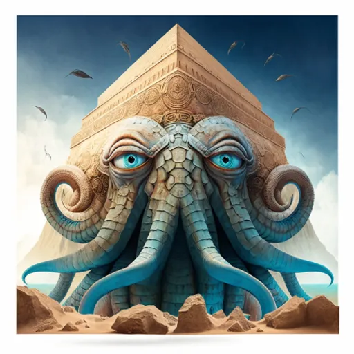 an octopus with a pyramid in the background