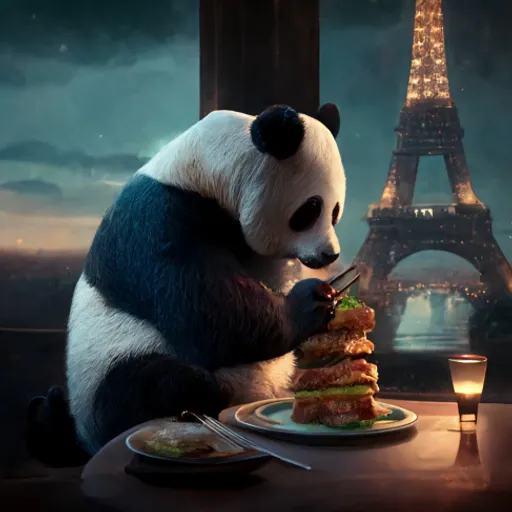 a panda bear eating food in front of the eiffel tower