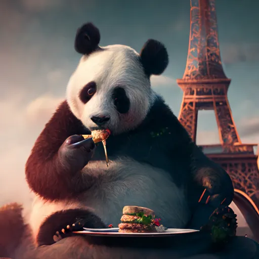 a panda eating food in front of the eiffel tower