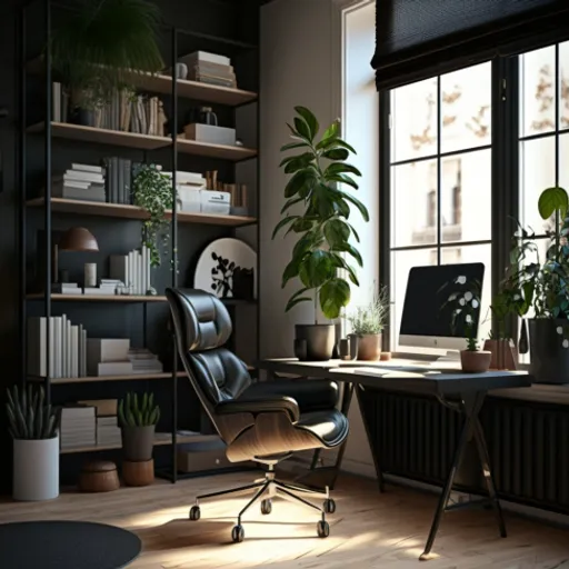 a room with a desk, chair, bookshelf and plants