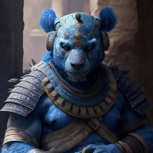 a man in a blue costume with a bear on his chest