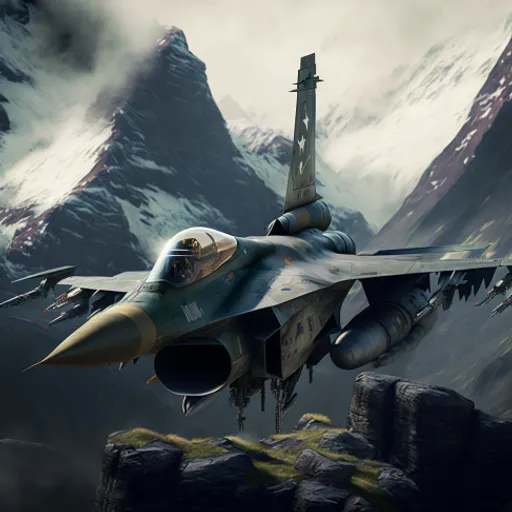 a fighter jet flying over a mountain range