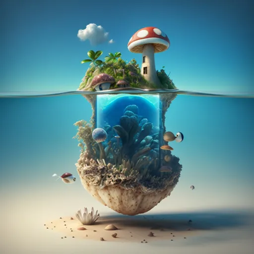 an underwater island with a mushroom and a mushroom house