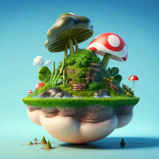 a small island with a mushroom house on top of it