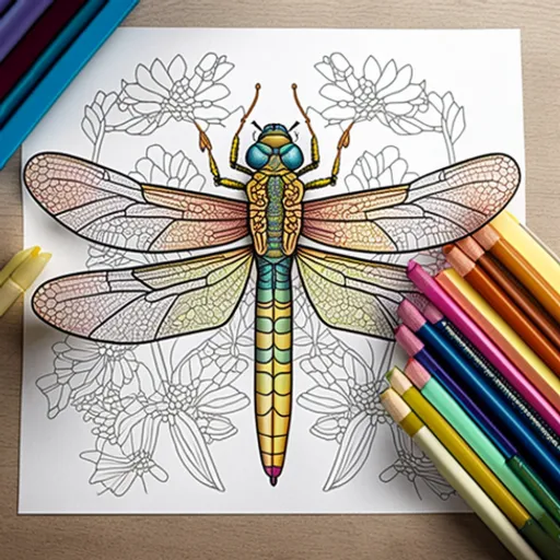 a drawing of a dragonfly on a table with colored pencils