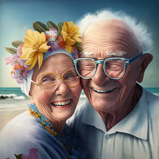 a painting of an elderly couple on the beach