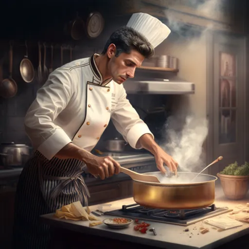 a painting of a man cooking in a kitchen