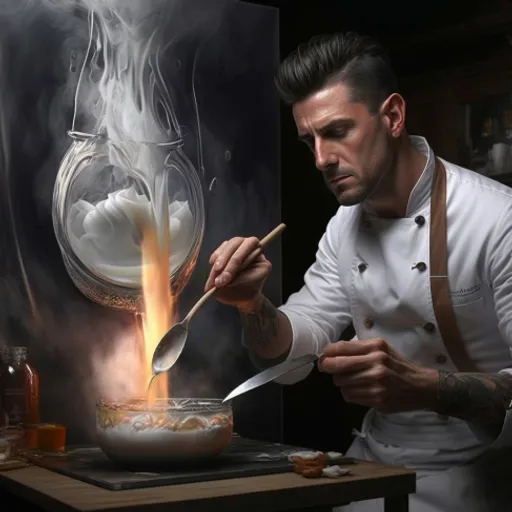 a man in a chef's uniform stirring a bowl of food