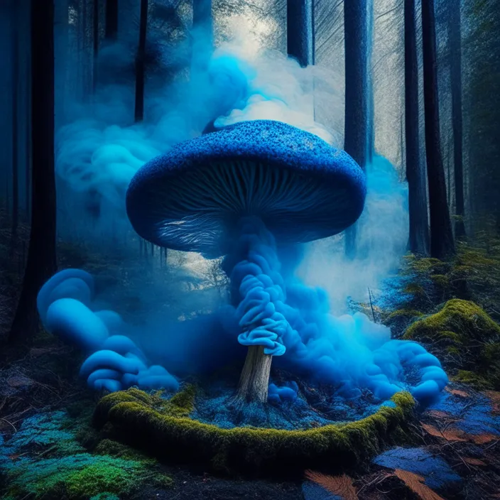 a blue mushroom sitting in the middle of a forest